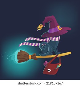 halloween cat with hat and broom