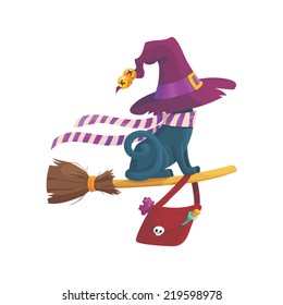 halloween cat with hat and broom