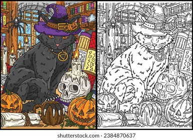 Ilustración de la página de Halloween Cat con Hat Colour