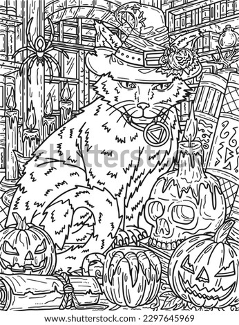 Halloween Cat with Hat Coloring Page for Adults