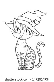 Halloween cat in hat doodle coloring book page