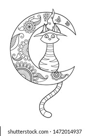 Halloween cat in hat doodle coloring book page