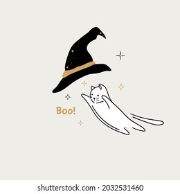 Halloween cat and hat hand drawn vector illustration