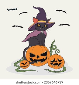 Halloween cat with hat and pumpkins