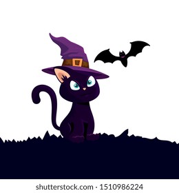 halloween cat with hat witch and bat flying