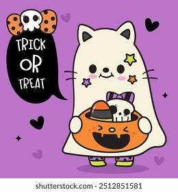 Halloween cat holding pumpkin candy jack o lantern kitten playing. Series: Groovy Retro cartoon kawaii (trick or treaters) drawing Kids party holiday festival. Perfect makes a wish for background.