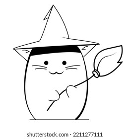 halloween cat holding a witch's broom in its paws