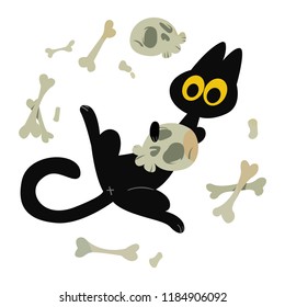 Halloween cat, holds a skull in the paws against the background of Halloween bones. Vector in the cartoon style. Elements for your Halloween. Vector illustration in a flat design. 