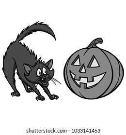 Halloween Cat Illustration - A vector cartoon illustration of a Halloween Cat and Pumpkin.