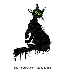 Halloween cat ink silhouette. Vector animal kitty isolated on white.