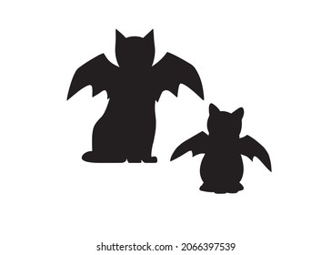 Halloween cat and kitty with bat wings vector clipart, back of sitting black cat silhouette, black bat cat clip art, halloween cat kitty sticker, cutting file
