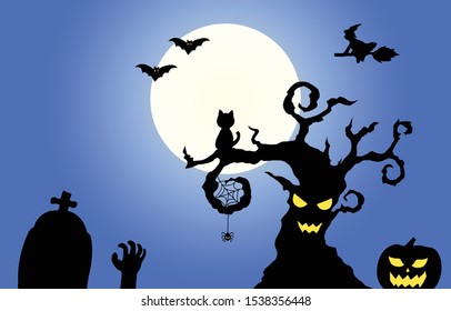 Halloween cat looking at the moon on night background vector illustration