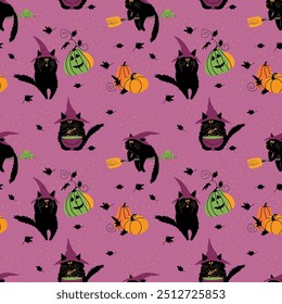 Halloween Cat and Magic Pattern. Witch Cat and Pumpkins