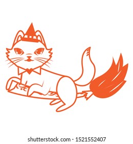 halloween cat mascot with witch hat flying in broom vector illustration design