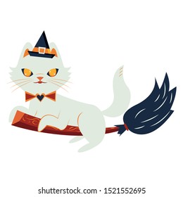 halloween cat mascot with witch hat flying in broom vector illustration design