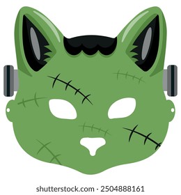 Halloween cat mask with Frankenstein monster design with scars and bolts, vector