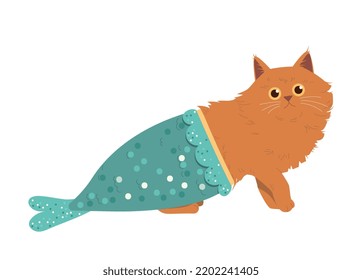 Halloween cat mermaid. Pet in costume of fictional character from fairy tales and legends. Underwater world, inhabitant of seabed. Graphic element for website. Cartoon flat vector illustration
