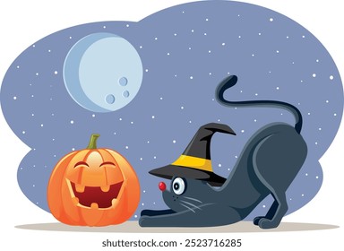 
Halloween Cat Next to Jack O Lantern Decoration Vector Cartoon. Funny black cat celebrating Halloween in a costume 
