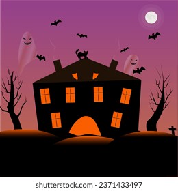 halloween, cat, night and moonligt. Vector illustration