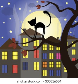 Halloween cat on tree night moon stars