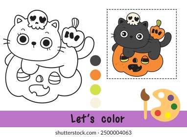 Halloween cat outline on jack o lantern candy with skull (kitten cartoon) Coloring pages for kids Children activity. Kawaii drawing (trick or treaters). Perfect make a wish for Kid party, card.
