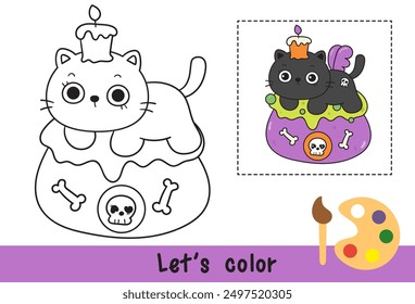 Halloween cat outline on magic pot (kitten cartoon) Coloring pages for kids Children activity. Kawaii drawing (trick or treaters). Perfect make a wish for Kid party, greeting card, nursery wall.