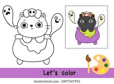 Halloween cat outline on magic pot with spooky ghost (kitten cartoon) Coloring pages for kids Children activity. Kawaii drawing (trick or treaters). Perfect make a wish for Kid party, greeting card.