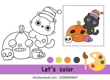 Halloween cat outline on pumpkin with drink (kitten cartoon) Coloring pages for kids Children activity. Kawaii drawing (trick or treaters). Perfect make a wish for Kid party, greeting card, nursery.