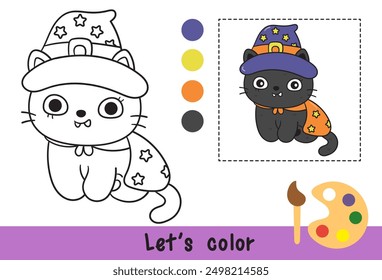 Halloween cat outline witch hat with skull (kitten cartoon) Coloring pages for kids Children activity. Kawaii drawing (trick or treaters). Perfect make a wish for Kid party, greeting card, nursery.