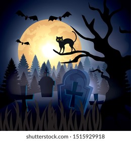halloween cat over dry tree in cemetery
