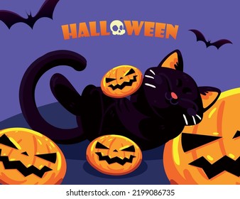 halloween cat playing with pumpkins, design