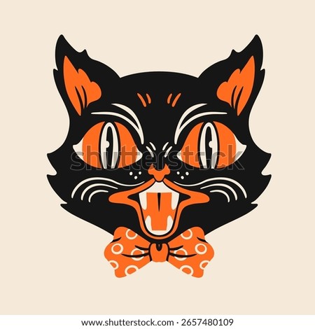 Halloween Cat portrait. Cute face, open mouth. Retro, vintage, traditional tattoo style. Hand drawn trendy Vector illustration. Isolated design element. Print, sticker, logo, icon, avatar template