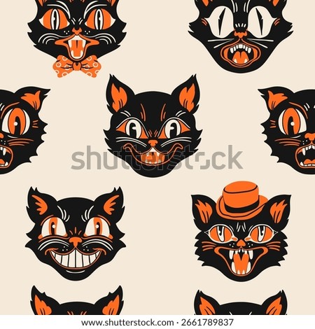 Halloween Cat portraits. Different faces, emotions. Retro, vintage, traditional tattoo style. Hand drawn trendy Vector illustration. Square seamless Pattern, background, wallpaper