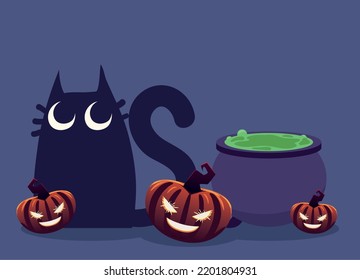halloween cat and pot with scary pumpkins