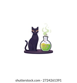 Gato de bruja de Halloween y diseño de Vector plano de icono de poción.