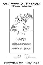 Halloween cat with pumpkin bucket bookmark vector for print and cut out. Black cat trick or treat bookmark coloring page.