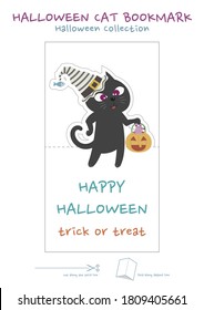 Halloween cat with pumpkin bucket bookmark vector for print and cut out. Black cat trick or treat bookmark.