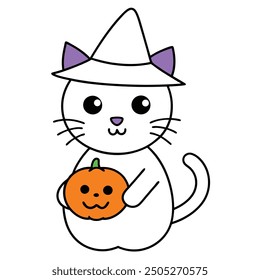 Halloween Cat in Pumpkin Costume Vector Icon - Black and White Illustration Logo