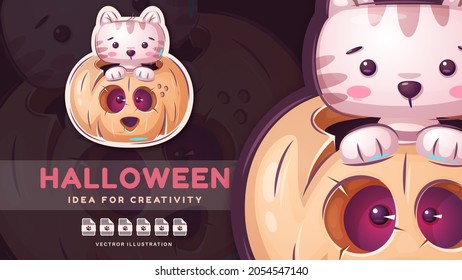 Halloween cat in pumpkin - cute sticker.