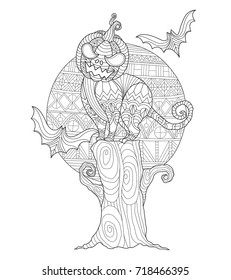 The Halloween cat Pumpkin Head. Hand drawn sketch illustration for adult coloring book. Zentangle stylized cartoon isolated on white background. 