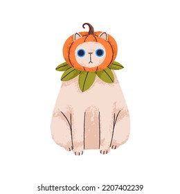 Gato de Halloween con calabaza en la cabeza. Bonito gatito en las vacaciones de Helloween. Un divertido felino cómico disfrazado de fiesta. Ilustración de vector plana infantil aislada en fondo blanco