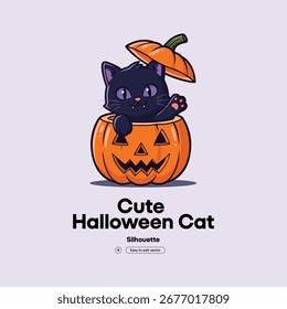 Gato de Halloween en calabaza con fondo transparente