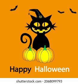 Halloween cat with pumpkin, vector art illustration.