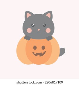 Halloween Cat in Pumpkin Vector Design - Cartoon Cat Sitting in Halloween Pumpkin
