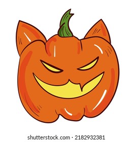 Halloween cat pumpkin. Vector spooky icon. Colourful illustration on white background.