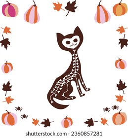 Halloween cat and pumpkins with maple leaves around