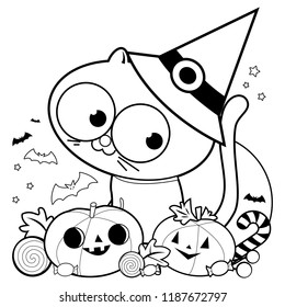 Halloween cat, pumpkins and treats. Vector black and white coloring page.