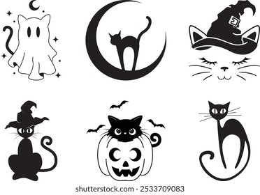 Halloween Cat set of six. cat in the moon, witch kitty, kitten in a jack-o-lantern, ghost cat and lanky.