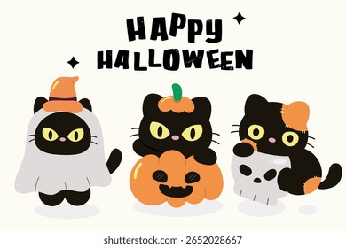 Halloween Cat Set Witch Pumpkin ghost and skull (Kitten playing) Kawaii Animals. Series: Trick or Treat kids Autumn activities Spooky season. Perfect Illustration for Kid shirt design.