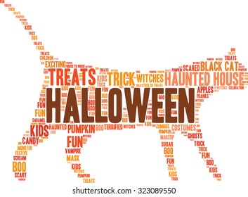 Halloween Cat Shaped Word Cloud on a White Background. 